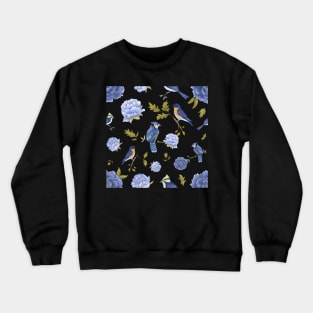 Peonies and blue birds on black backdrop Crewneck Sweatshirt